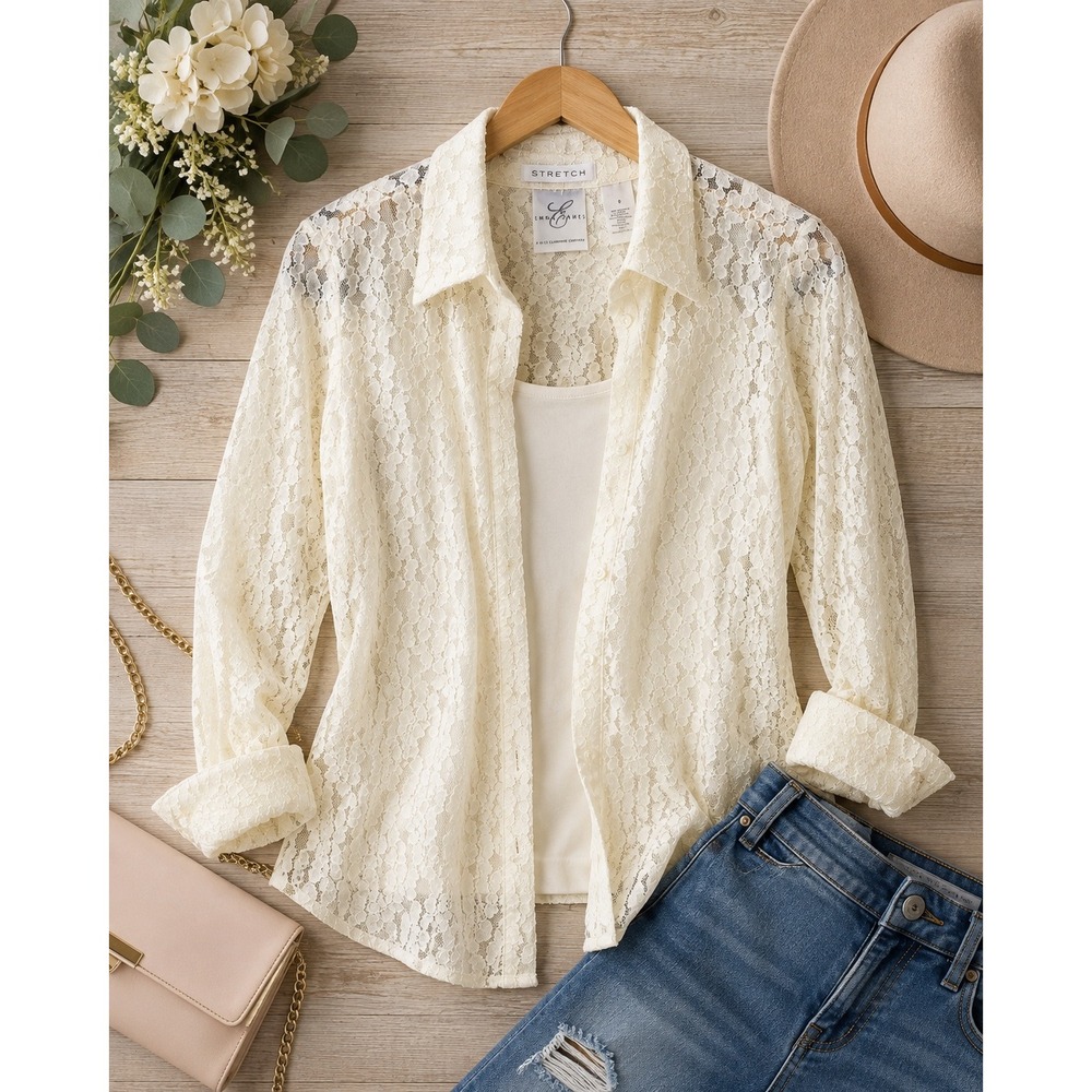 Vintage Emma James Liz Claiborne Womens‎ 6 Ivory Sheer Lace Blouse Coquette